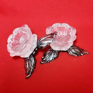 Vintage Pair PM Italy Frosted Glass Rose Silver Plate Leaves Candle Holder